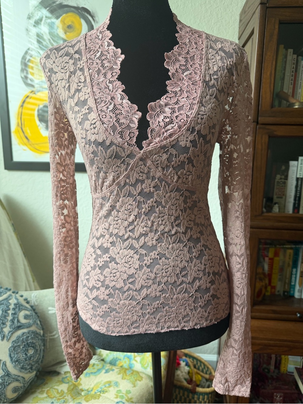 NWOT Free People x Intimately FP All Day Lace Long Sleeve Top – Pale Mauve – XS